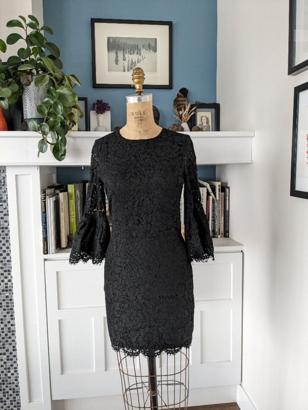 Sexy Black Lace Dress with open back and bell sleeves size small